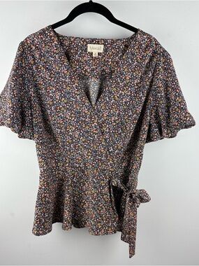 Anthropologie Meraki Floral Wrap Blouse Shirt Boho Cottagecore Bow Preppy Sz M